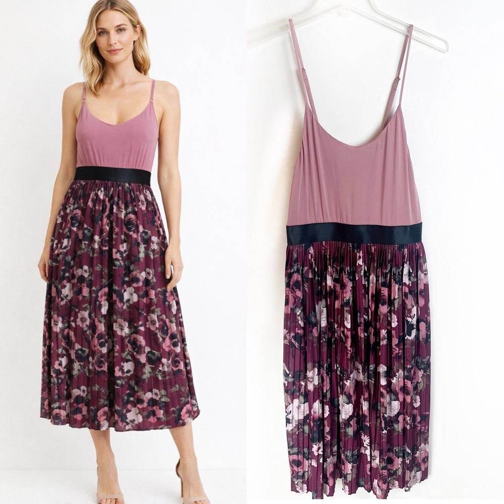 Vintage Y2K Dark Floral Mauve Pleated Dress Medium Romantic - Picture 1 of 13